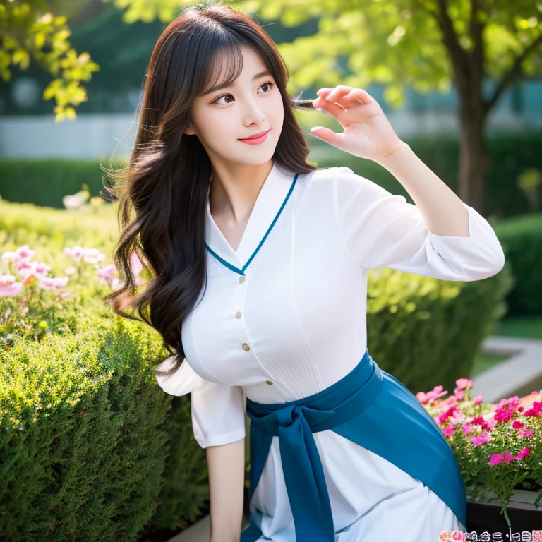 1 girl aged 25-30 years,Bright and beautiful demeanor, Long hair floats up,blown up, The sun shines brightly., Reveal a perfectly smooth tummy., Supports large, sexy breasts, flower garden, Traditional Korean Hanbok Dark Green Dark Red Black Dark Blue,, Masterpiece, best quality, Highly detailed 16k,  Take photos with a high quality camera 45,000,000 pixels
