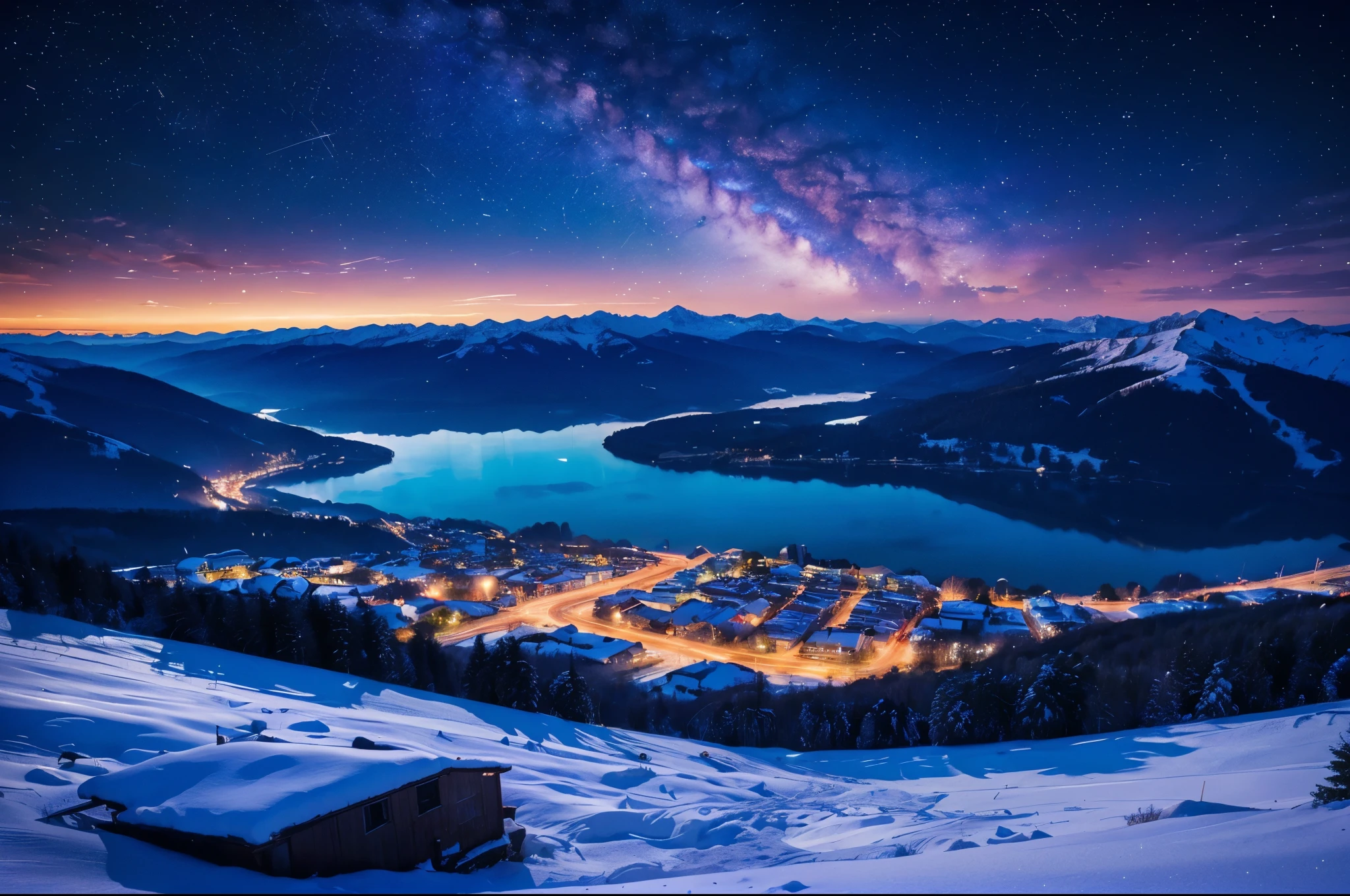Background, lots of high mountains, lots of clouds, winter sky, seeing constellations, Galaxy, Milky Way, beautiful winter night with small city wallpaper, beautiful lake, high details, realistic 8k full HD.