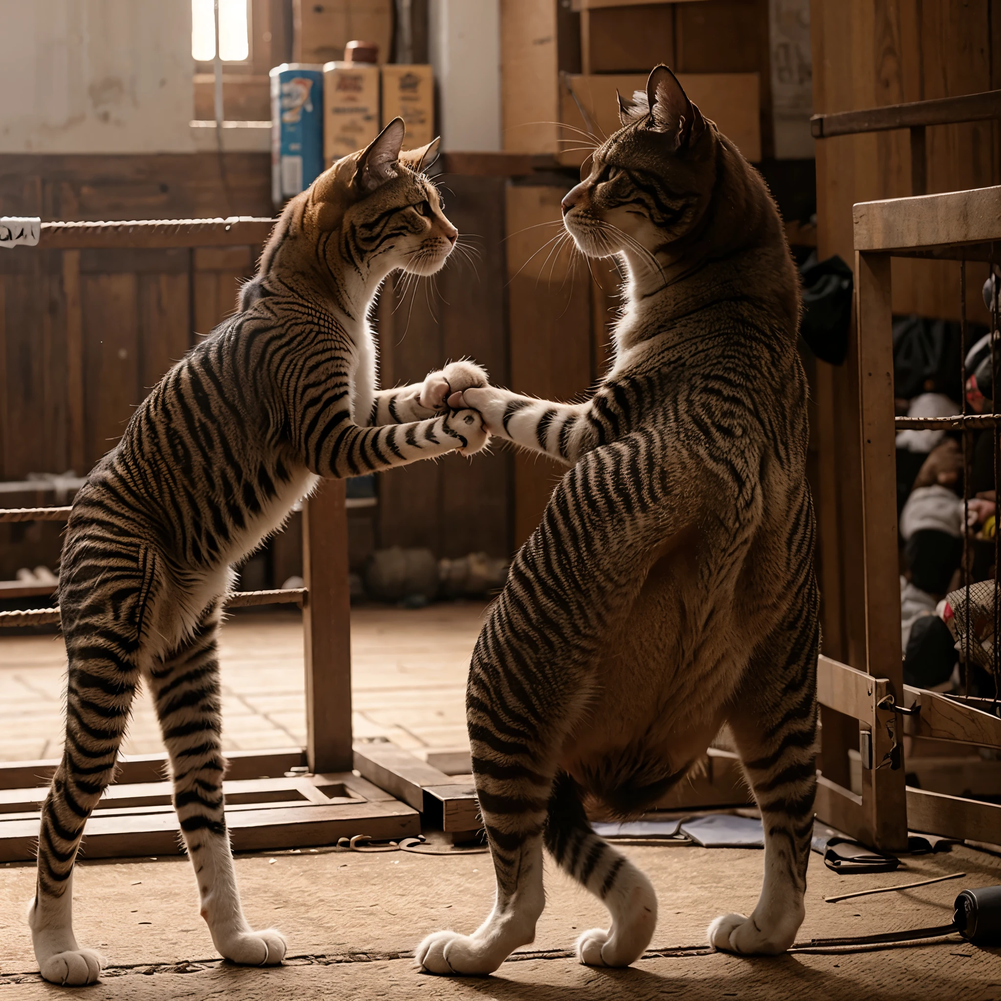 Ilustrasi kucing styl boxing mengangkat anjing