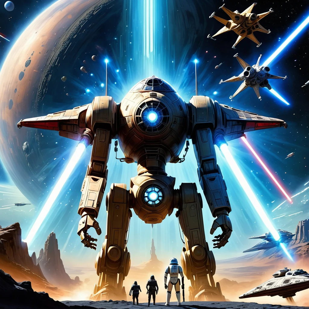 (best quality,4k,8k,highres,masterpiece:1.2),ultra-detailed,(realistic,photorealistic,photo-realistic:1.37),epic space opera,galactic battle,fierce lightsaber duel,dark side and light side,wispy nebula,gigantic starships,glowing lightsabers,iconic characters,Jedi knights and Sith lords,blaster fire and explosions,otherworldly landscapes,alien species,dark and menacing villains,heroic and determined heroes,transcendent power of the Force,adventurous and action-packed,iconic spaceships like the Millennium Falcon and Star Destroyers,futuristic technology and gadgets,iconic droids like R2-D2 and C-3PO,epic spaceship battles amidst the stars,detailed and intricate costumes and armor,grand and majestic score,operatic storytelling and deep mythology,emotional conflicts and redemption arcs,intense space battles and lightsaber duels,intergalactic war and political intrigue,ultimate struggle between good and evil,fate of the galaxy hangs in the balance