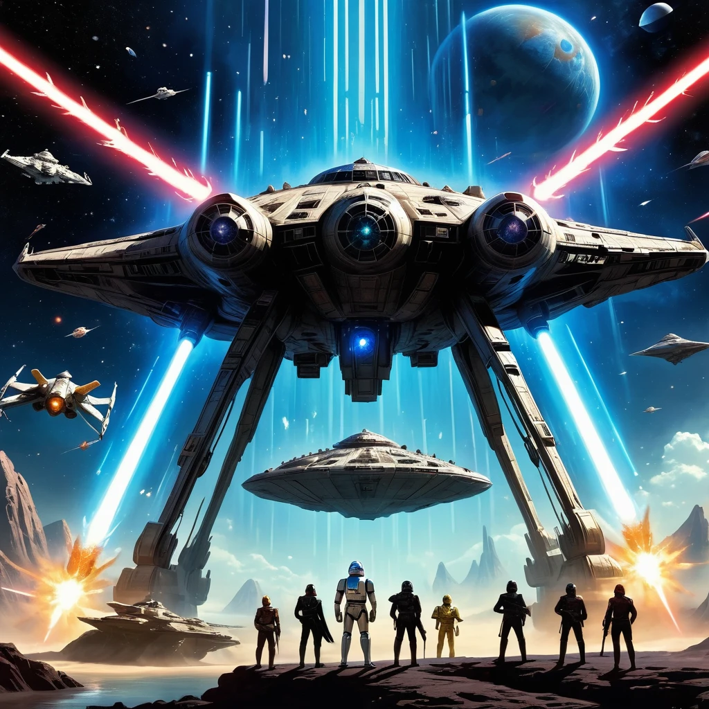 (best quality,4k,8k,highres,masterpiece:1.2),ultra-detailed,(realistic,photorealistic,photo-realistic:1.37),epic space opera,galactic battle,fierce lightsaber duel,dark side and light side,wispy nebula,gigantic starships,glowing lightsabers,iconic characters,Jedi knights and Sith lords,blaster fire and explosions,otherworldly landscapes,alien species,dark and menacing villains,heroic and determined heroes,transcendent power of the Force,adventurous and action-packed,iconic spaceships like the Millennium Falcon and Star Destroyers,futuristic technology and gadgets,iconic droids like R2-D2 and C-3PO,epic spaceship battles amidst the stars,detailed and intricate costumes and armor,grand and majestic score,operatic storytelling and deep mythology,emotional conflicts and redemption arcs,intense space battles and lightsaber duels,intergalactic war and political intrigue,ultimate struggle between good and evil,fate of the galaxy hangs in the balance