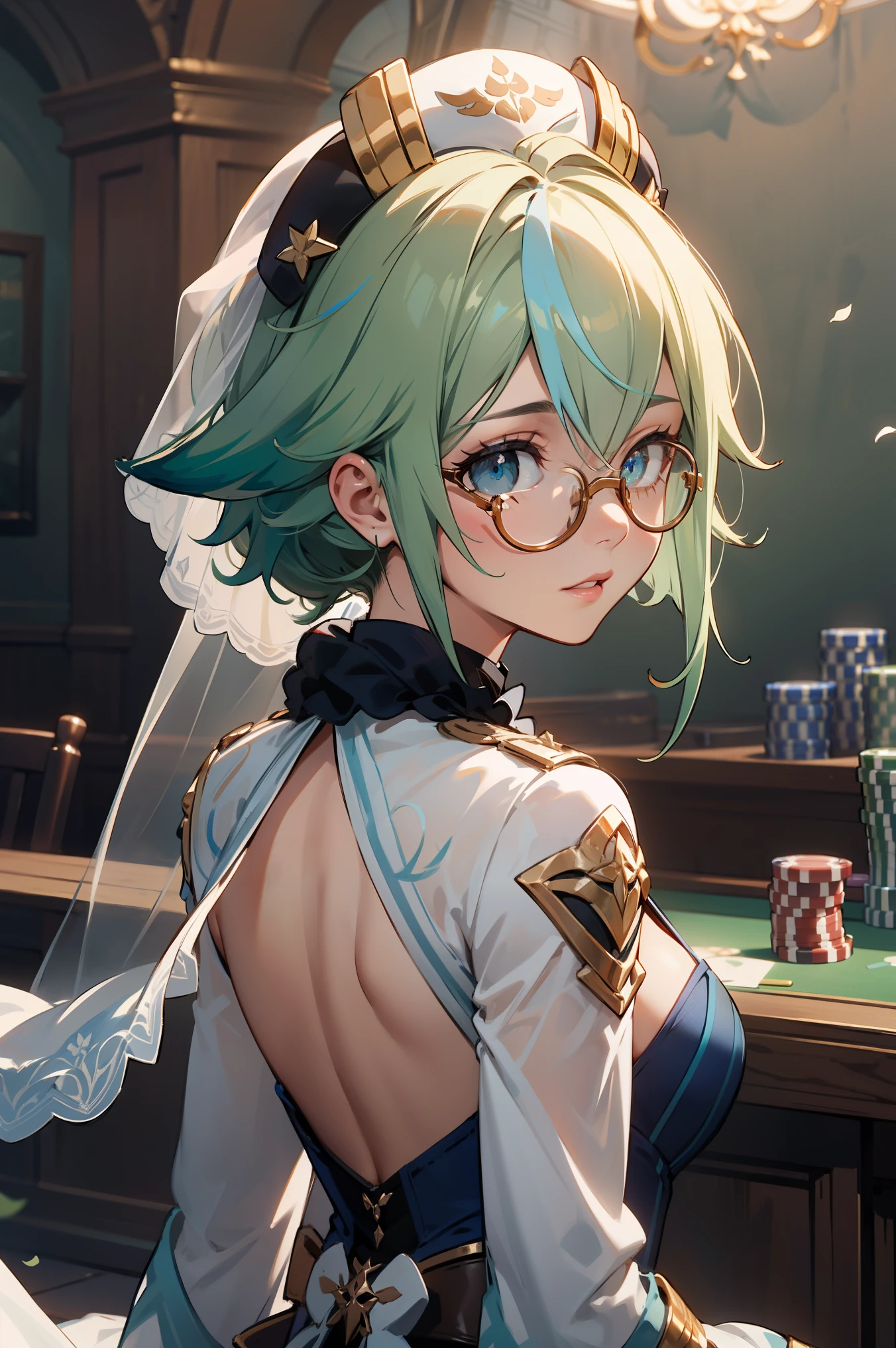 1girl,sucrosedef,green hair, glasses,
BREAK (Sheer white wedding dress,Veil ,Lace Sleeves,Big Long Tail:1.2)
BREAK casino, 
BREAK from back view、Look back with a sideways glance,
BREAK (masterpiece:1.2), best quality, high resolution, unity 8k wallpaper, (illustration:0.8), (beautiful detailed eyes:1.6), extremely detailed face, perfect lighting, extremely detailed CG, (perfect hands, perfect anatomy),