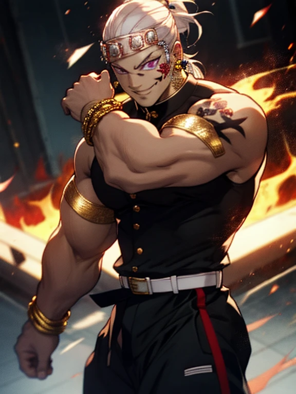 White hair, black tank top, very muscular, very strong, light purple eyes, ponytail, diamond accessories on head, golden earrings, golden bracelet on biceps, big pants, long red socks, black slipper, white belt, red tattoos on left eye only, fighting stance, smile, black fire theme,