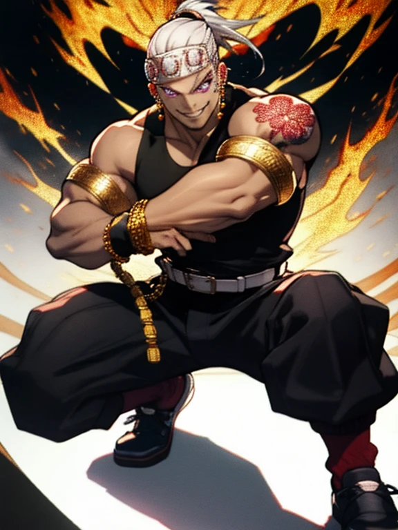 White hair, black tank top, very muscular, very strong, light purple eyes, ponytail, diamond accessories on head, golden earrings, golden bracelet on biceps, big pants, long red socks, black slipper, white belt, red tattoos on left eye only, fighting stance, smile, black fire theme,