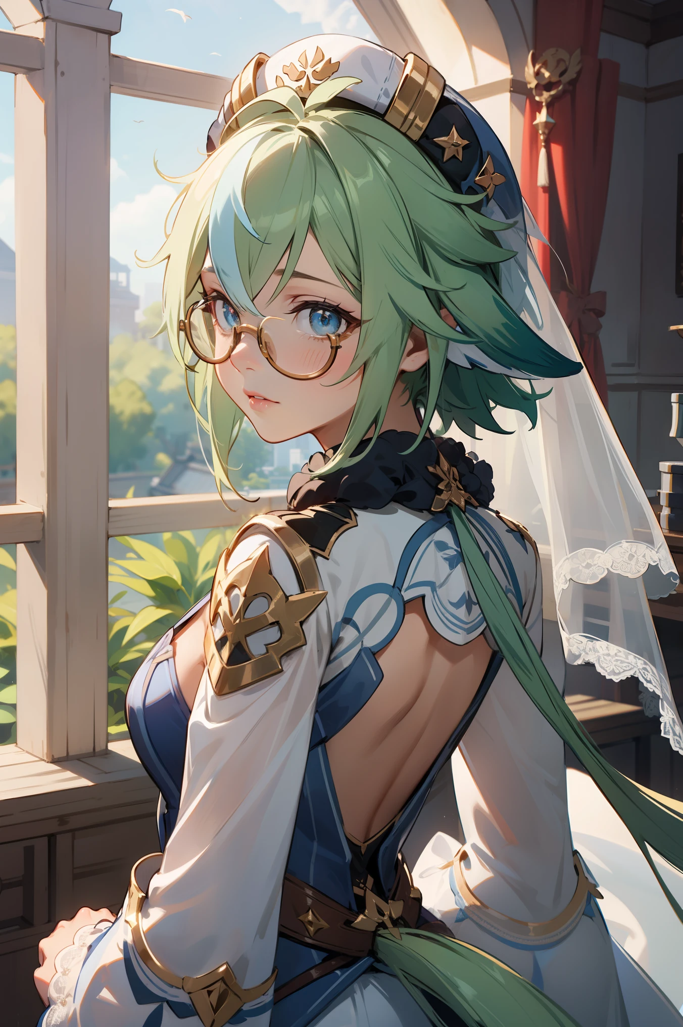 1girl,sucrosedef,green hair, glasses,
BREAK (Sheer white wedding dress,Veil ,Lace Sleeves,Big Long Tail:1.2)
BREAK casino, 
BREAK from back view、Look back with a sideways glance,
BREAK (masterpiece:1.2), best quality, high resolution, unity 8k wallpaper, (illustration:0.8), (beautiful detailed eyes:1.6), extremely detailed face, perfect lighting, extremely detailed CG, (perfect hands, perfect anatomy),