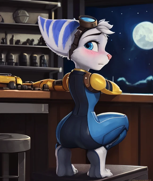 [Rebite], [Catraca e Clank], [Carregado para e621.liquid; (mayosplash), (Pixelsketcher), (fluttershythekind)], ((Obra de arte)), ((High definition)), ((alta qualidade)), ((retrato solo)), ((Vista traseira)), ((corpo todo)), ((visible feet)), ((peludo; Antro)), ((pele detalhada)), ((sombreamento detalhado)), ((beautiful rendering art)), ((sombreamento celular)), {antropo lombax; (figura esbelta), pelo cinza, nariz rosa, orelhas pontudas, cauda longa cinza, (lindos olhos azuis redondos), (olhos semicerrados), (short eyelashes), (quadris lindos), (Lindas pernas), (beautiful feet), (2 dedos), (Garras brancas), (rubor), (inexpressivo)}, {(), (yellow robot right arm), (glasses on head)}, {(encostado na mesa), (Curvar), (no joelho), (looking back)}, [Fundo; (Machine shop), (gears and machinery), (starry sky), (lua cheia), (Ambient lighting)]
