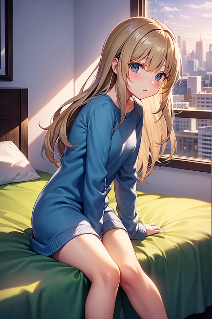 a  girl sitting in bed with her sleeping clothes there an window behind the bed the view of the city