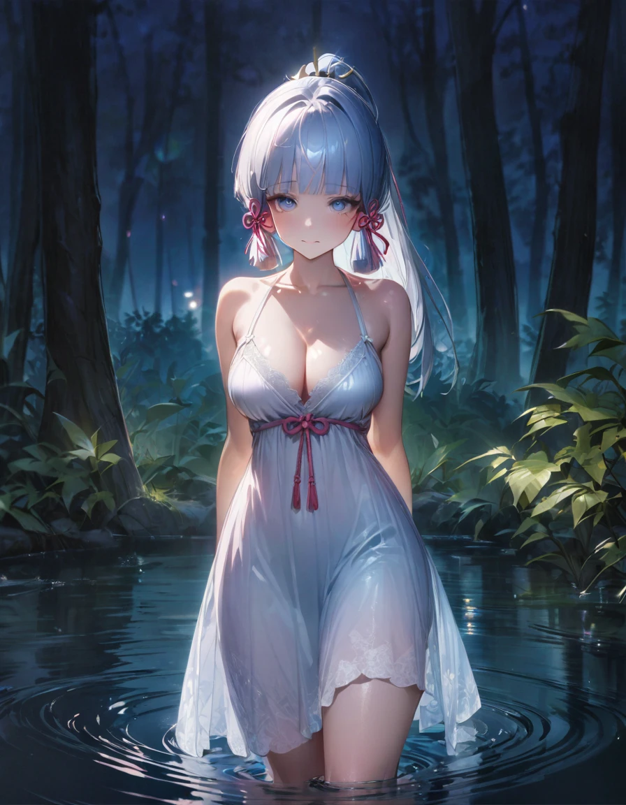 (SFW), ultra-detailed, best quality, illustration, detailed textures(realists), vivid colors, soft lighting, blushing, mature, no bras, hair fluttering, soft skin, beautiful, 4K, medium breasts, cleavage, kamisato_ayaka, solo, bright eyes, standing, slim body, narrow waist, (from front:1.5), bare thigh, beautiful-detailed eyes, ((white night gown, no sleeves night gown)), ((forest background, standing in the pond, nighttime, dark forest with moonlight seeping through the canopy)),