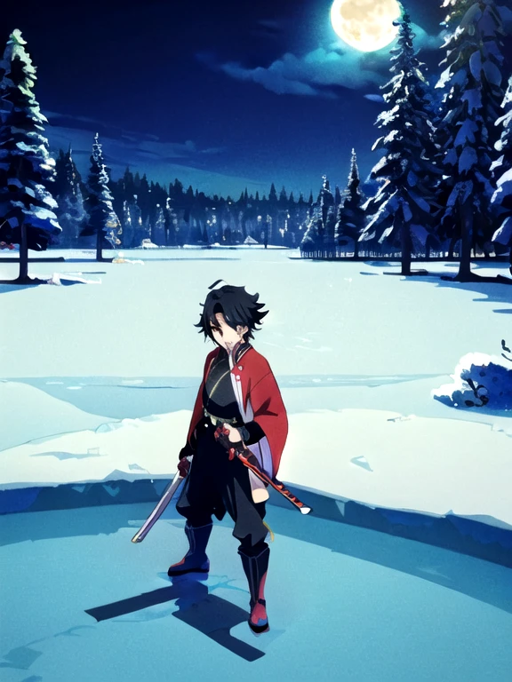 tomioka giyuu, katana stance, in midle of a frozen lake, detailed face, serious, air flow, scenery, forest in far distance, full body, full moon, male focus, absolutely calm