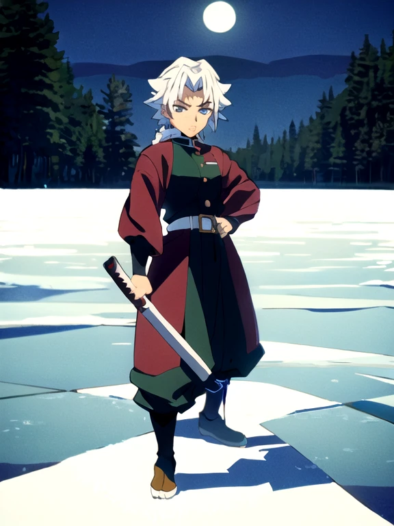 tomioka giyuu, katana stance, in midle of a frozen lake, detailed face, serious, air flow, scenery, forest in far distance, full body, full moon, male focus, absolutely calm