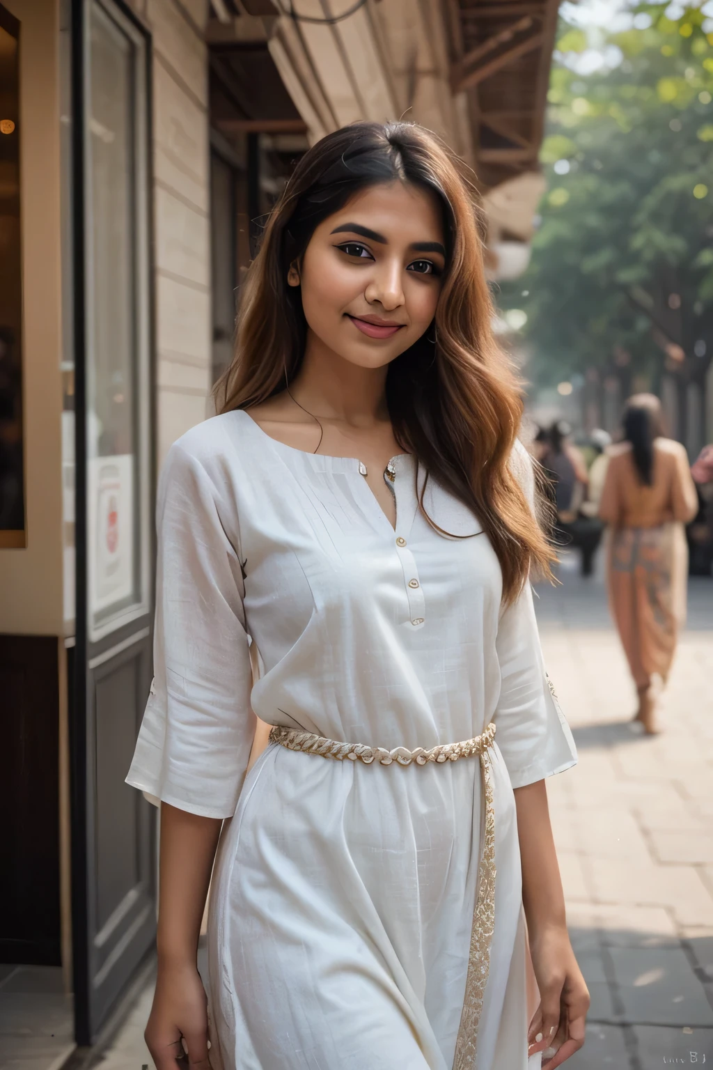 "Enigmatic Indian Instagram influencer, 23, enchants passersby with her radiant smile and graceful demeanor as she glides through the city streets adorned in a traditional kurti, her long blonde hair cascading in soft waves around her. This enchanting image, captured with a Leica SL2-S and a 50mm f/1.4 lens, immortalizes her captivating presence in exquisite 8k detail, evoking a sense of wonder and admiration for the timeless allure of Indian beauty."