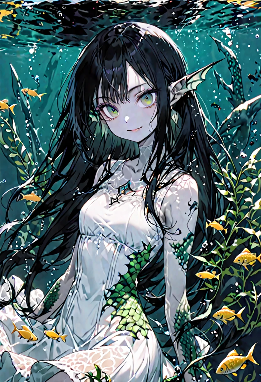 solo, female, medium short, sfw, extremely long hair, black hair, straight hair, head fins, long ears, long lashes, dark green eyes, very pale skin, lithe, hourglass figure, thin, short, underwater, fish, kelp, sundress, white dress, smile, fins, gills, fish tail, scales