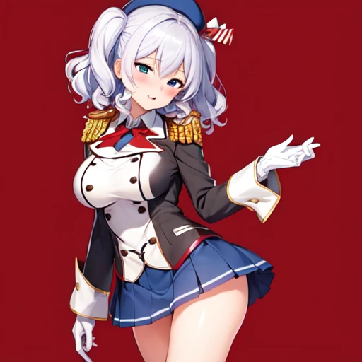 (masterpiece, best quality:1.2),giggle,A hand touched his chest,illustration,8K,HD,1 girl,solitary,portrait,blush,white hair,blue eyes,curls,Double tail,Berets,Epaulettes,Ruffled sleeves,Jacket,Large Breasts,Long sleeve,,mini skirt,Pleated Skirt,Red tie,White gloves,anchor,Solid color background