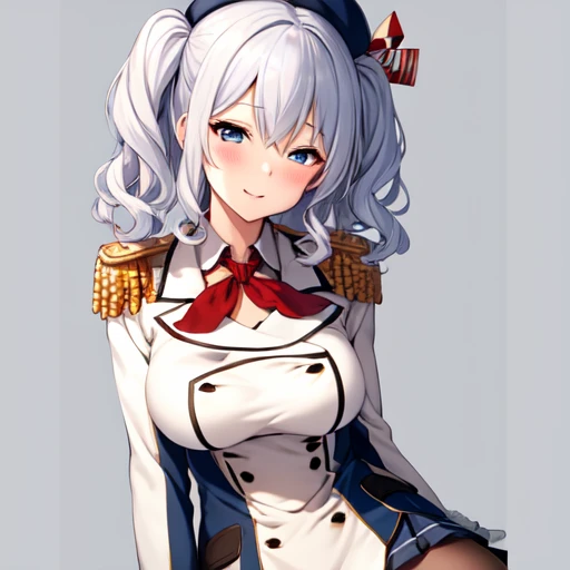 (masterpiece, best quality:1.2),giggle,A hand touched his chest,illustration,8K,HD,1 girl,solitary,portrait,blush,white hair,blue eyes,curls,Double tail,Berets,Epaulettes,Ruffled sleeves,Jacket,Large Breasts,Long sleeve,,mini skirt,Pleated Skirt,Red tie,White gloves,anchor,Solid color background