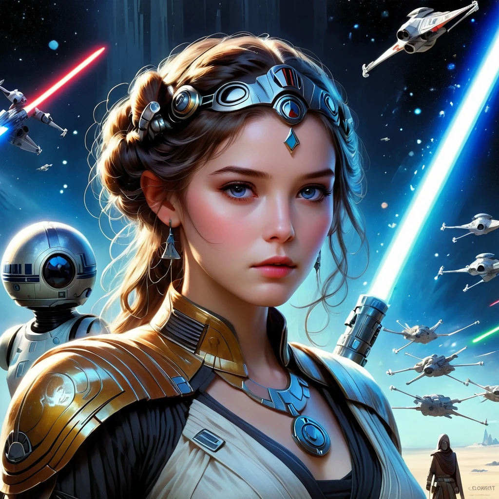 A girl in a Star Wars universe, detailed eyes, detailed lips, extremely detailed eyes and face, long eyelashes, medium: concept art, sci-fi, lightsabers, epic battles, droids, iconic characters, futuristic technology, space adventure, galaxy far, far away, ultra-detailed, highres, digitally rendered, professional, vivid colors, dramatic lighting, Jedi knights, Sith lords, intergalactic conflict, Rebel Alliance, Empire, dark side, light side, X-wings, TIE fighters, epic space battles, alien species, otherworldly landscapes, iconic starships, mystical creatures, intense emotions, heroic poses, dynamic action, iconic quotes.