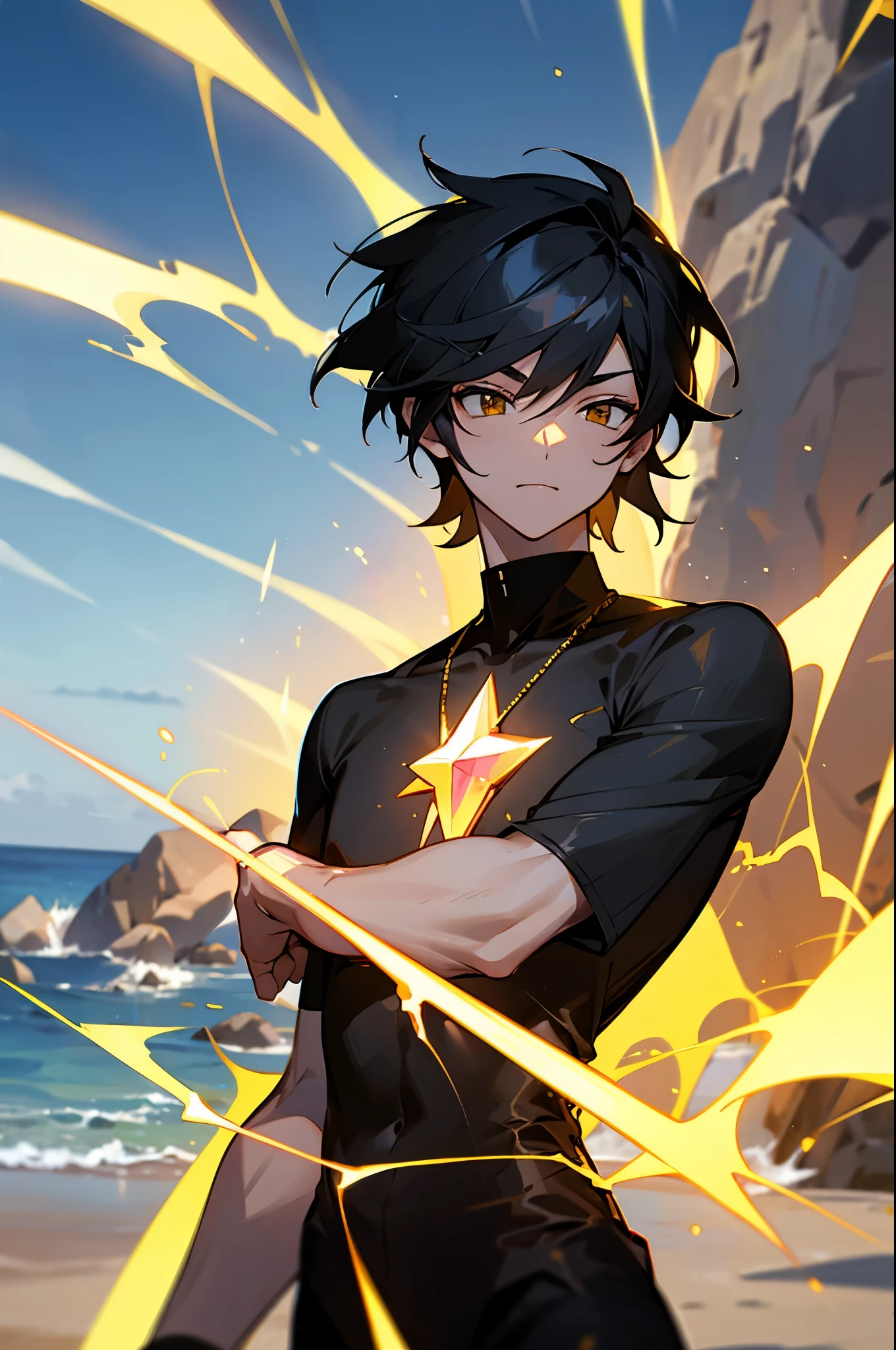 yellow gem on body, ruby aura, on a beach, male, black hair, black shirt, electricity surging around person 