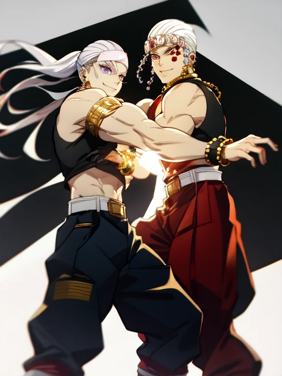 White hair, black tank top, very muscular, very strong, light purple eyes, ponytail, diamond accessories on head, golden earrings, golden bracelet on biceps, big pants, long red socks, black slipper, white belt, red tattoos on left eye only, fighting stance, smile, black fire theme,