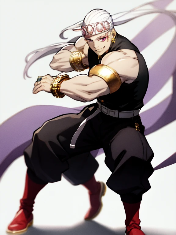 White hair, black tank top, very muscular, very strong, light purple eyes, ponytail, diamond accessories on head, golden earrings, golden bracelet on biceps, big pants, long red socks, black slipper, white belt, red tattoos on left eye only, fighting stance, smile, black fire theme,