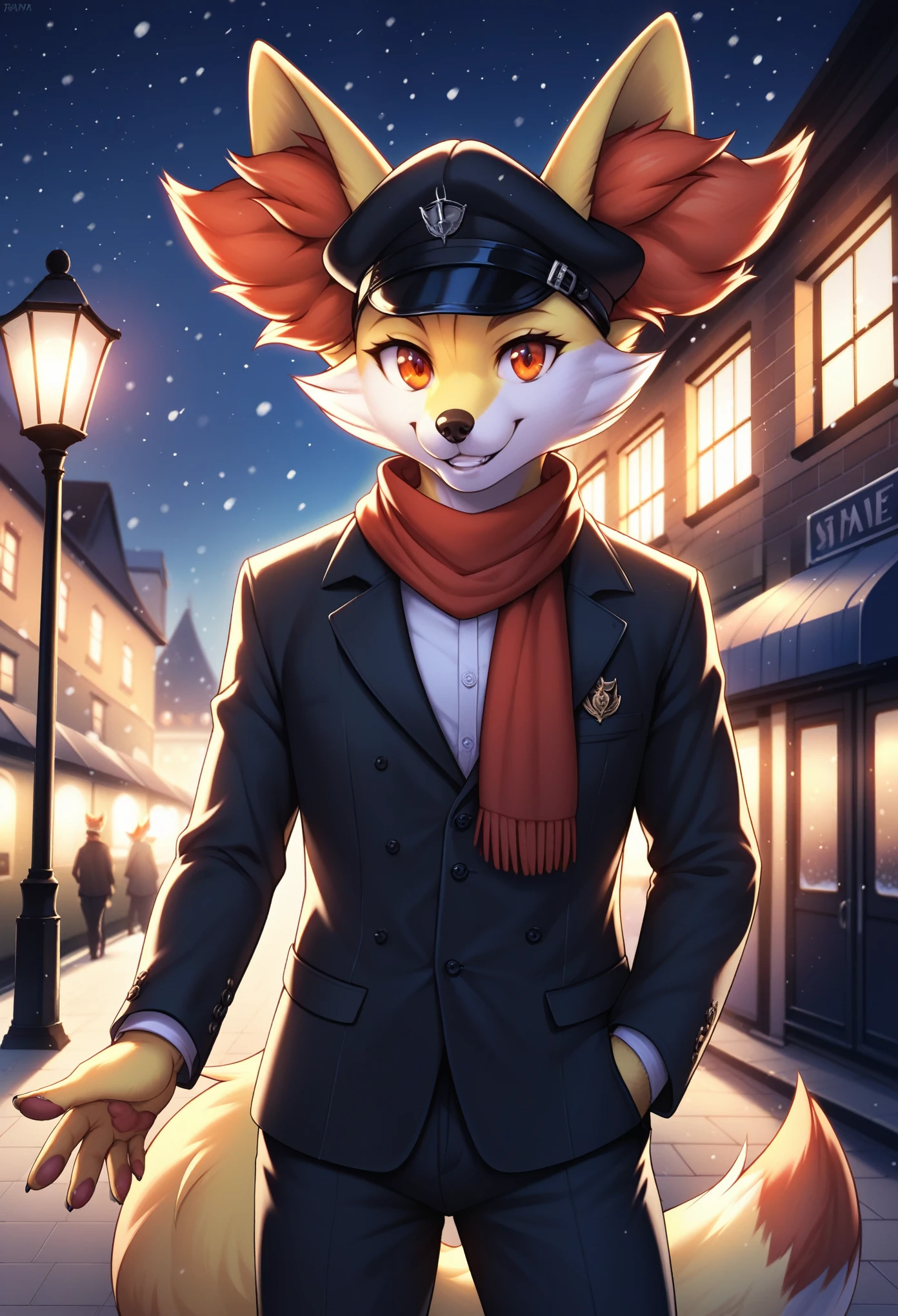 score_9, score_8_up, score_7_up, anthro (fennekin:1.25), red scarf, detective cloak, standing, smile, waving at viewer (three-quarter portrait), three-quarter view, close-up, BREAK, london train station, night, glowing, plant, snowing, detailed detailed background, depth of field, ambient silhouette, backlighting, masterpiece, best quality, light, solo