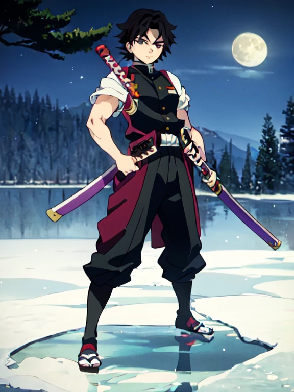 tomioka giyuu, katana stance, in midle of a frozen lake, detailed face, serious, air flow, scenery, forest in far distance, full body, full moon, male focus, absolutely calm