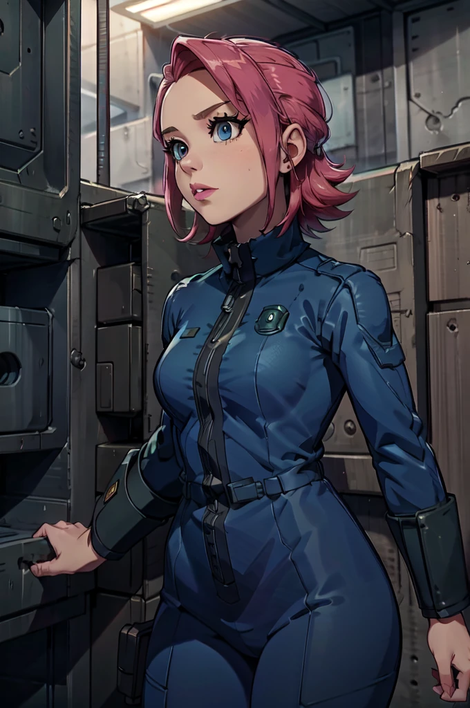 Mayl Sakurai reimagined as a vault dweller, doing maintenance in an underground vault. Her vibrant pink hair stands out against the dimly lit environment. She is a 26-year-old woman dressed in a vault dweller jumpsuit, indicative of her role in the post-apocalyptic world. The jumpsuit is worn but still functional, reflecting the harsh conditions of life underground. Her face is beautifully detailed, with expressive eyes that convey determination and intelligence. Her lips are also well-defined, adding to her overall allure.

In the vault, Mayl Sakurai is seen operating a pipboy, a wrist-worn device that serves as an essential tool and information hub for survival in the vault. The pipboy's screen emits a soft glow, illuminating Mayl's face and casting a subtle green hue on the surroundings. The details on the pipboy, from its buttons to its display, are extremely detailed, showcasing its futuristic design.

The underground vault is filled with mechanical equipment and pipes, emphasizing the importance of maintenance in this post-apocalyptic world. The atmosphere is gritty and industrial, with a hint of mystery and danger. The lighting is dim and has a hint of blue tones, enhancing the underground ambiance.

Despite the grim surroundings, Mayl Sakurai exudes confidence and strength as she jumps into action, ready to fulfill her duties as a vault dweller. Her posture and expression suggest that she is prepared to face any challenge that comes her way.

The image quality should be at its best, with 4K resolution and ultra-detailed rendering, capturing every intricate detail of the scene. The colors should be vivid, emphasizing the contrast between Mayl's vibrant pink hair and the dimly lit environment. The overall style should lean towards a post-apocalyptic concept art aesthetic, blending realism with a touch of fantasy.

In summary, the Stable Diffusion prompt for the provided theme would be:
Mayl Sakurai reimagined as a vault dweller, doing maintenance in an undergr