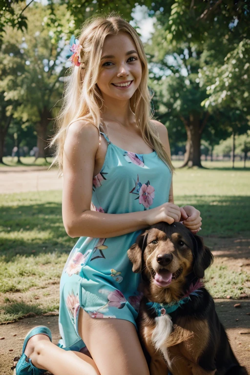girl in colorful dress smiling and playing with dog in the park, streaked hair, blonde hair, hair flower, aqua eyes, anime, cinematic lighting, HD, 4K, ccurate, high quality, highres