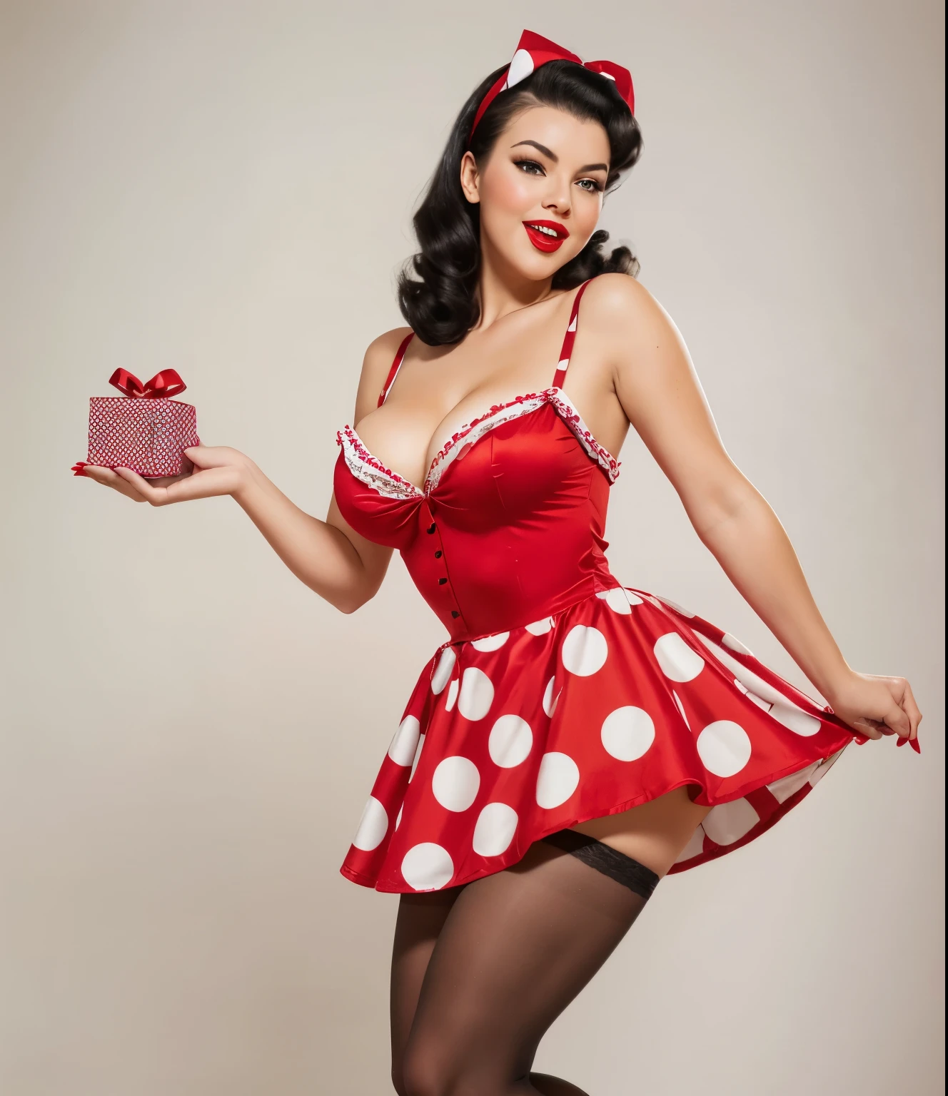 Full length photo of a girl holding a gift in her hand. realistic 35 year old sexy emotional black hair brunette. Her lips are slightly tubular. Squinted gaze, laughs, adding mystery and sexuality. She touches her feet with surprise, taking a sexual position. The model is made in pin-up style with hair styled in victory rolls style. She has plump sexy red lips, she has average breasts and blows a sexy kiss. She portrays an American housewife, posing with a gift in various sexual positions. Her medium-length black hair and open mouth give her the look of a pin-up girl.. She is on a white background, red retro dress with large polka dots with fluffy, voluminous ballerina skirt bouffant dress. red retro bouffant dress with polka dots in pin-up style with large polka dots, a fluffy, voluminous ballerina skirt and a tutu. A red bandana on the head., and red stockings on her legs wears a red retro dress with large polka dots with a fluffy voluminous ballerina skirt. Red bandana on head, and red stockings on my feet. The photo is made in pin-up style, emphasizing the retro-USA vibe. looks down closed eyes open mouth turn of the body she opens her mouth open wide mouth