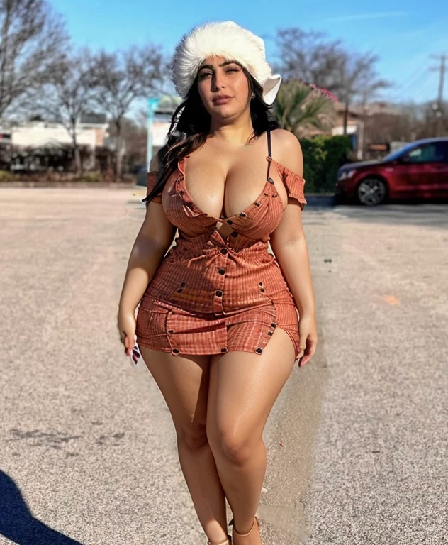 Off shoulder summer Button up drees, short dress, curvy body, cleavage, Arab skin color, curvy, low cut, big cleavage, , legs, thighs, short dress, upper thighs exposed, natural breast