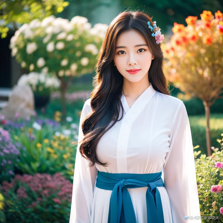 1 girl aged 25-30 years,Bright and beautiful demeanor, Long hair floats up,blown up, The sun shines brightly., Reveals support for large, sexy breasts., flower garden, Traditional Korean Hanbok Black Blue Dark Red,Complete set of beautiful jewelry, Masterpiece, best quality, Highly detailed 16k, Take photos with a high quality camera 45,000,000 pixels