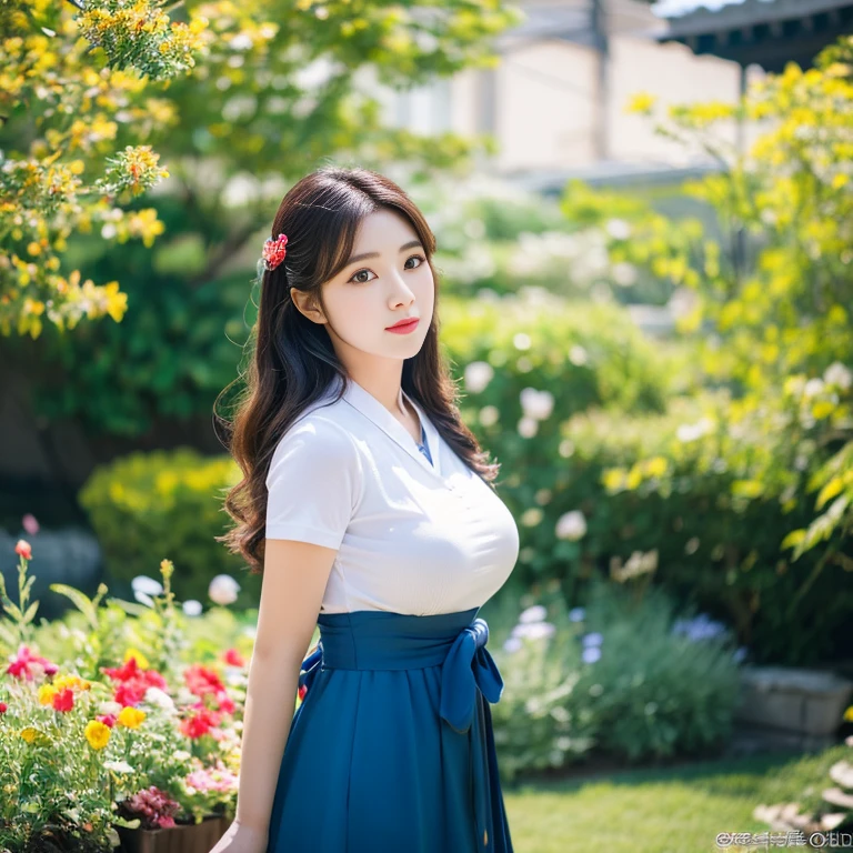 1 girl aged 25-30 years,Bright and beautiful demeanor, Long hair floats up,blown up, The sun shines brightly., Reveals support for large, sexy breasts., flower garden, Traditional Korean Hanbok Black Blue Dark Red,Complete set of beautiful jewelry, Masterpiece, best quality, Highly detailed 16k,  Take photos with a high quality camera 45,000,000 pixels