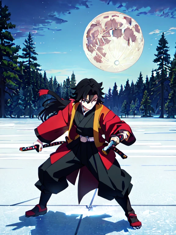 tomioka giyuu, katana stance, in midle of a frozen lake, detailed face, serious, air flow, scenery, forest in far distance, full body, full moon, male focus, absolutely calm