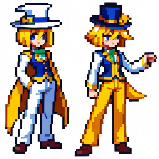 Pixel art, full body, facing left (important), medium blonde bob with two-way bangs, yellow and orange, magical girl, pretty little yellow top hat, tuxedo, boots. Hair color: Medium blonde bob with bangs.
Eye color: Blue eyes.
Above: He wears an orange open-front tuxedo with a yellow vest underneath.
Shirt: He wears a white shirt and green tie.
Trousers: white pants.
Shoes: Yellow boots.
Hat: He wears a fairly small yellow top hat with ribbons and flowers.