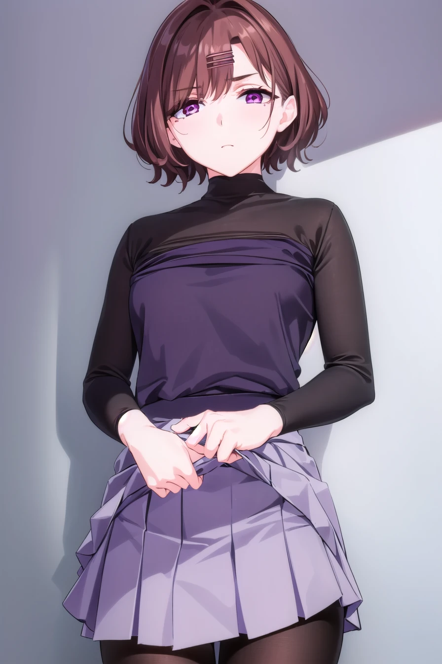 Hinokiguchi Madoka, Higuchi Zodo, brown hair, Eyebrows covered by hair, Gray background, Hair accessories, Hairpin, mole, mole under eye, (Purple Eyes:1.1), short hair, curls,
rest black Pantyhose, black shirt, Pantyhose, lattice, lattice skirt, pleated skirt, , shirt, skirt,
rest indoors, floor, (Skirt lift:1.3), (thongs:1.1),White panties
rest looking at viewer, (Cowboy shooting:1.5),
rest (masterpiece:1.2), best quality, high resolution, Unity 8k Wallpaper, (illustration:0.8), (Beautiful and delicate eyes:1.6), Extremely detailed face, Perfect lighting, Extremely detailed CG, (Perfect hands, Perfect anatomical structure),