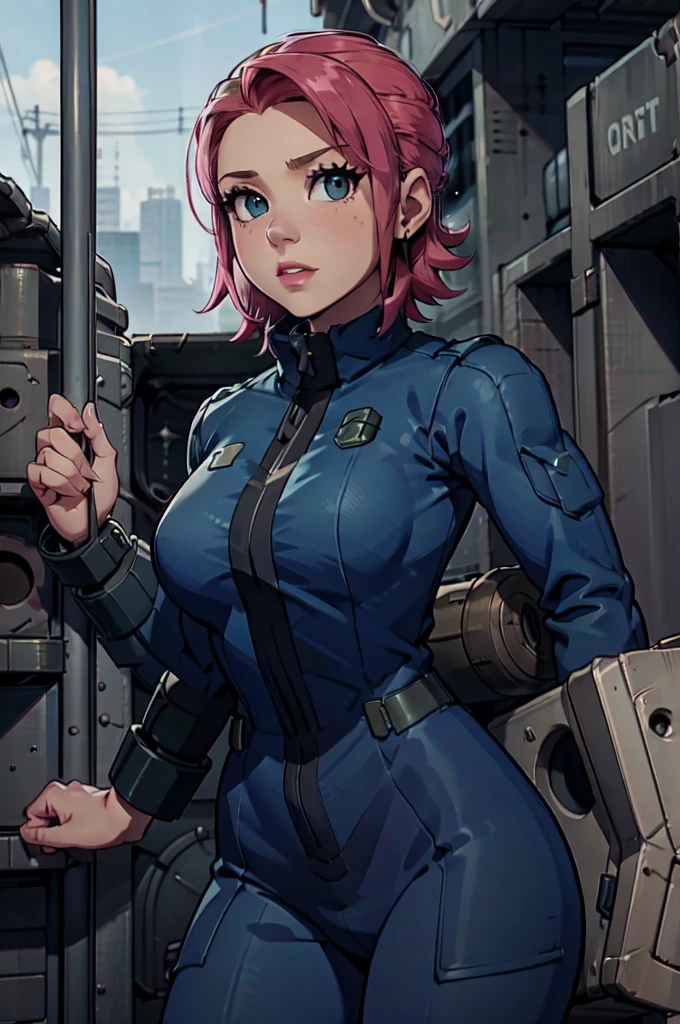 Mayl Sakurai reimagined as a vault dweller, doing maintenance in an underground vault. Her vibrant pink hair stands out against the dimly lit environment. She is a 26-year-old woman dressed in a vault dweller jumpsuit, indicative of her role in the post-apocalyptic world. The jumpsuit is worn but still functional, reflecting the harsh conditions of life underground. Her face is beautifully detailed, with expressive eyes that convey determination and intelligence. Her lips are also well-defined, adding to her overall allure.

In the vault, Mayl Sakurai is seen operating a pipboy, a wrist-worn device that serves as an essential tool and information hub for survival in the vault. The pipboy's screen emits a soft glow, illuminating Mayl's face and casting a subtle green hue on the surroundings. The details on the pipboy, from its buttons to its display, are extremely detailed, showcasing its futuristic design.

The underground vault is filled with mechanical equipment and pipes, emphasizing the importance of maintenance in this post-apocalyptic world. The atmosphere is gritty and industrial, with a hint of mystery and danger. The lighting is dim and has a hint of blue tones, enhancing the underground ambiance.

Despite the grim surroundings, Mayl Sakurai exudes confidence and strength as she jumps into action, ready to fulfill her duties as a vault dweller. Her posture and expression suggest that she is prepared to face any challenge that comes her way.

The image quality should be at its best, with 4K resolution and ultra-detailed rendering, capturing every intricate detail of the scene. The colors should be vivid, emphasizing the contrast between Mayl's vibrant pink hair and the dimly lit environment. The overall style should lean towards a post-apocalyptic concept art aesthetic, blending realism with a touch of fantasy.

In summary, the Stable Diffusion prompt for the provided theme would be:
Mayl Sakurai reimagined as a vault dweller, doing maintenance in an undergr