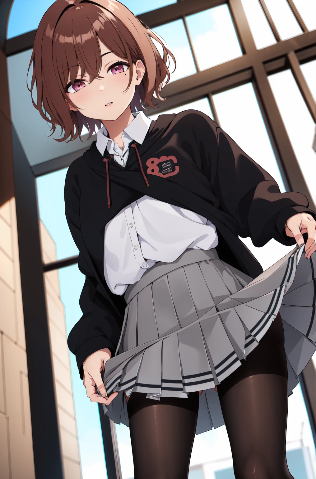 best quality, High resolution, 1 Girl, Higuchi Madoka, Pantyhose, skirt, brown hair, mole under eye, mole, Hair accessories, Hairpin, pleated skirt, short hair,, Long sleeve, Bangs, sweater, miniskirt, black sweater, black Pantyhose, grey skirt, Collared shirt, Purple Eyes, Cowboy shooting, (Skirt lift:1.3), (thongs:1.1),White panties