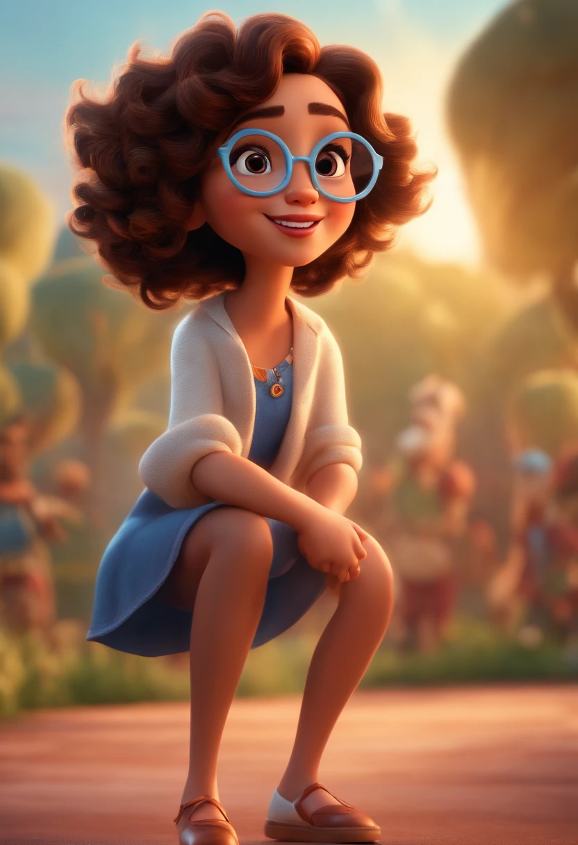 Pixar style image with 3D character white glasses brunette woman short curly hair dancing, Maquiagem Disney,Pescador, bonitinho, sorridente ,fechar-se, Pixar, Disney, cinema lighting,