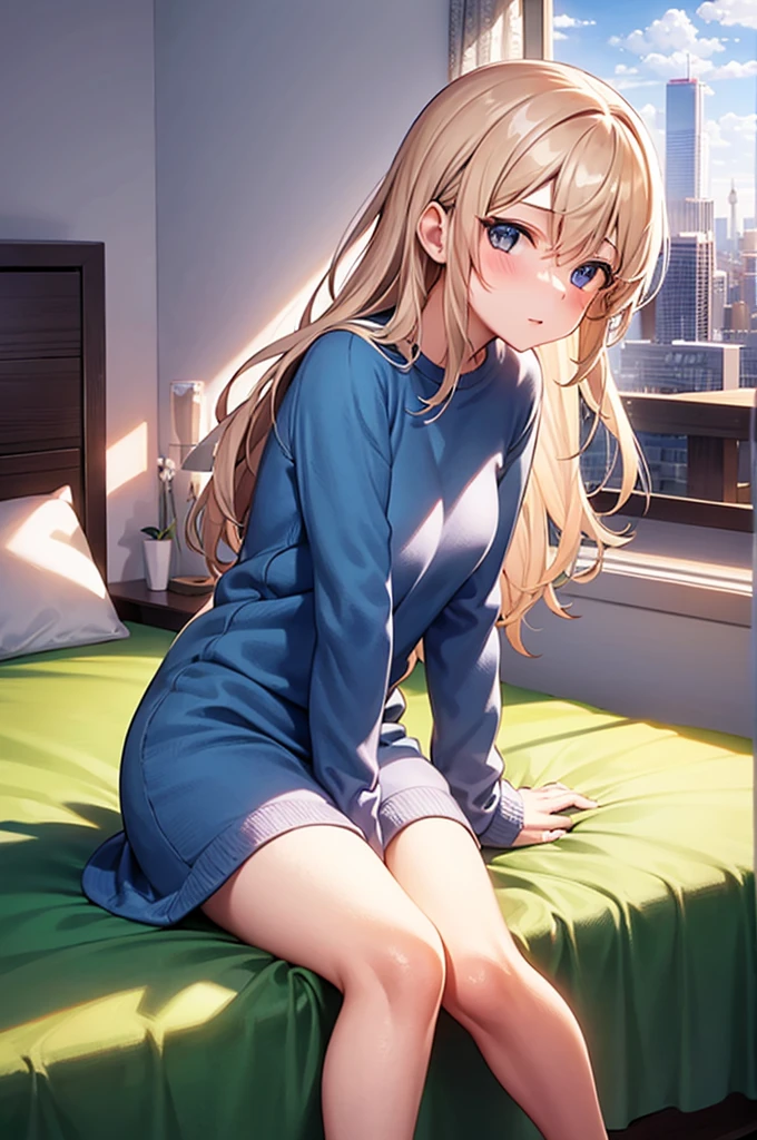 a hot 18 year old girl sitting in bed with her sexy clothes there an window behind the bed the view of the city