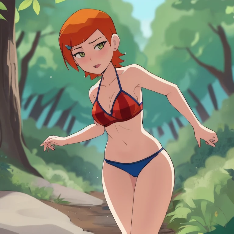 claasicgwen walking in a wet bikini on the forest trail