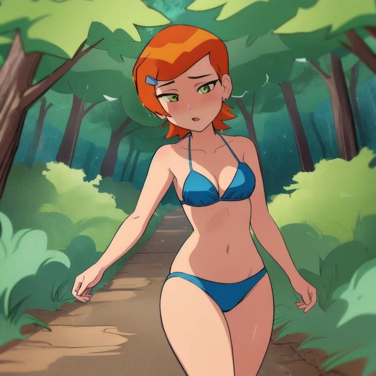 claasicgwen walking in a wet bikini on the forest trail