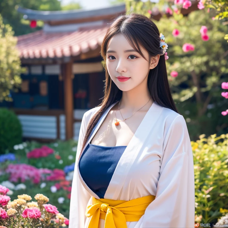 1 girl aged 25-30 years,Bright and beautiful demeanor, Long hair floats up,blown up, The sun shines brightly., Reveals support for large, sexy breasts., flower garden, Hanbok black blue dark red,Complete set of beautiful jewelry, Masterpiece, best quality, Highly detailed 16k, Take photos with a high quality camera 45,000,000 pixels