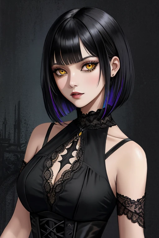 Detailed and colorful sketch, estilo contorno realista, desenho de corpo inteiro, Eliza de Tekken, yellow eyes iris like a snake, short black gothic style hair with long bangs to the shoulders, bangs on the forehead and a short haircut at the back exposing the back of the neck, wearing elegant gothic dress