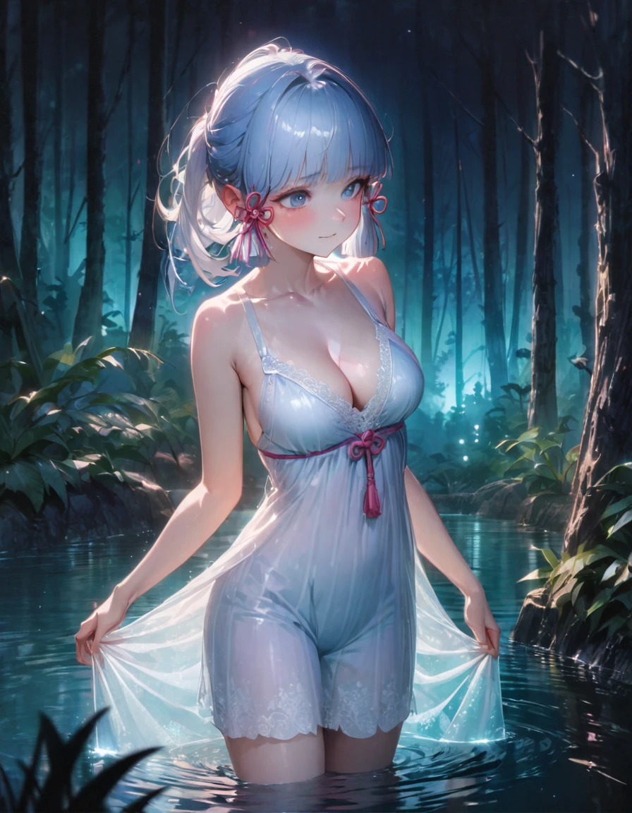 (SFW), ultra-detailed, best quality, illustration, detailed textures(realists), vivid colors, soft lighting, blushing, mature, no bras, hair fluttering, soft skin, beautiful, 4K, medium breasts, cleavage, kamisato_ayaka, solo, bright eyes, standing, slim body, narrow waist, (from front:1.5), bare thigh, beautiful-detailed eyes, ((white night gown, no sleeves night gown)), ((forest background, standing in the pond, nighttime, dark forest with moonlight seeping through the canopy)),