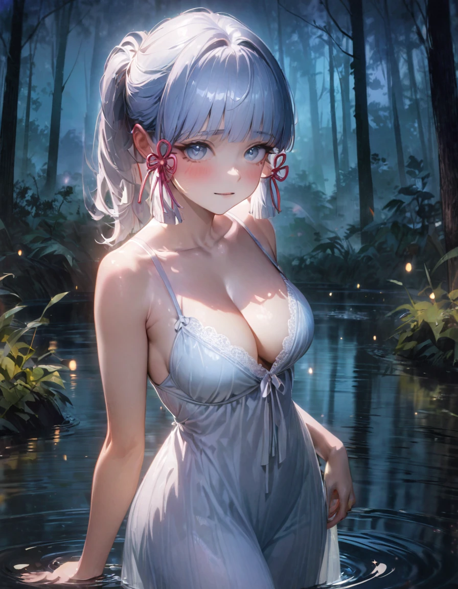 (SFW), ultra-detailed, best quality, illustration, detailed textures(realists), vivid colors, soft lighting, blushing, mature, no bras, hair fluttering, soft skin, beautiful, 4K, medium breasts, cleavage, kamisato_ayaka, solo, bright eyes, standing, slim body, narrow waist, (from front:1.5), bare thigh, beautiful-detailed eyes, ((white night gown, no sleeves night gown)), ((forest background, standing in the pond, nighttime, dark forest with moonlight seeping through the canopy)),