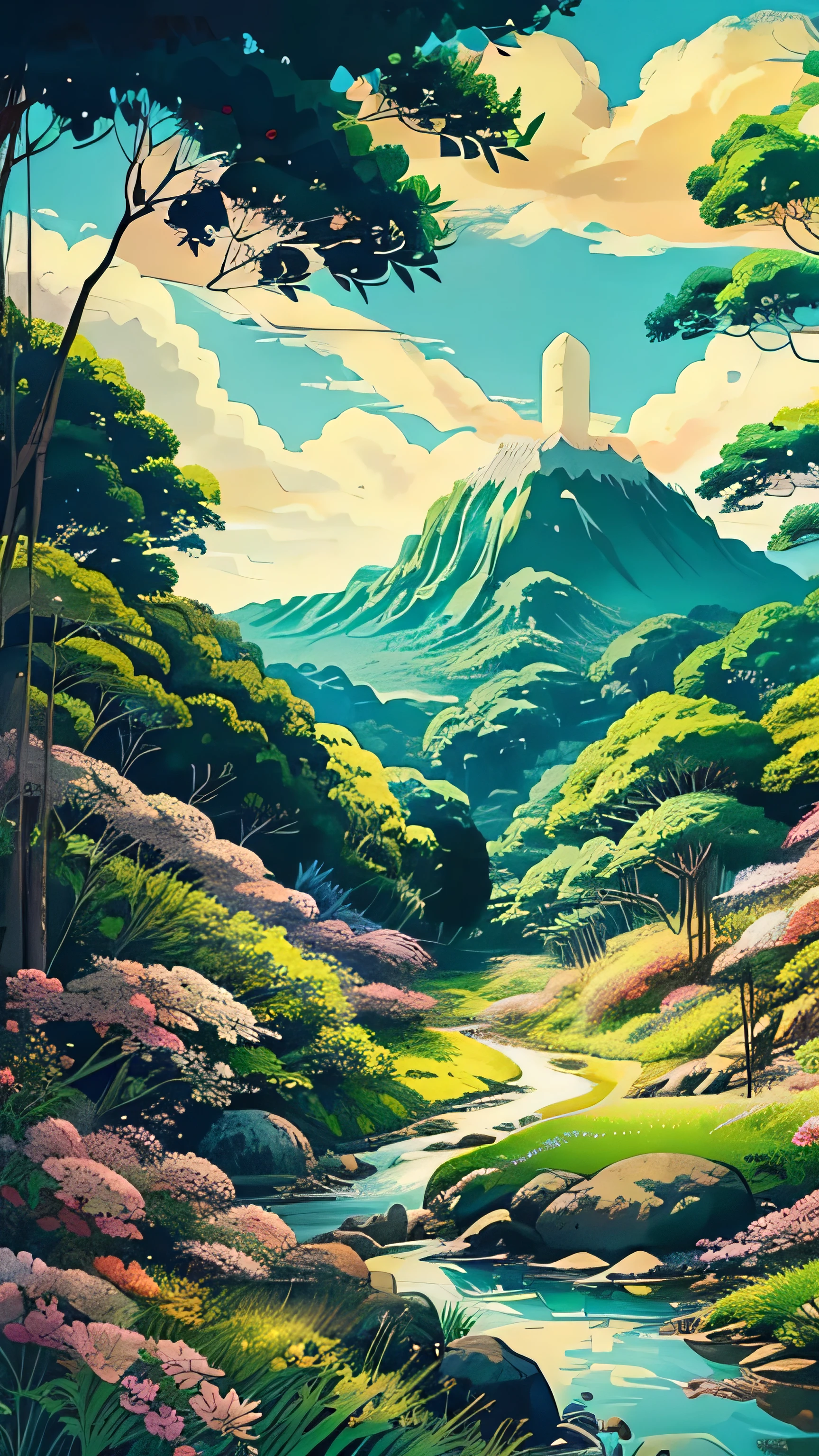 A heartwarming retro anime-inspired of a beautiful tropical hill woods, distance rice field and coconut tree, style of Studio Ghibli and Hayao Miyazaki, detail lines