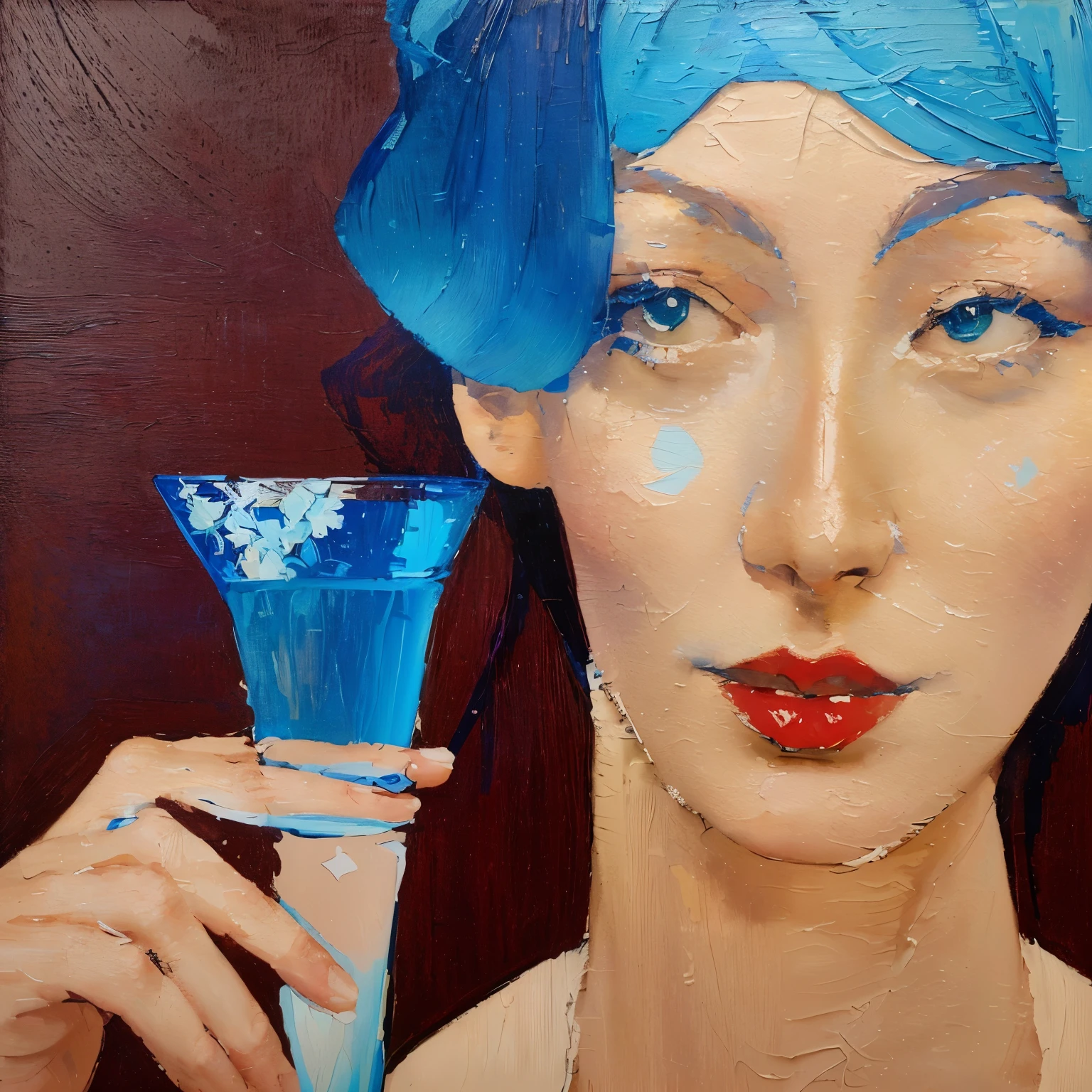 painting of a woman holding a blue glass with a blue stem, inspired by Itō Shinsui, inspired by Kees van Dongen, by Zofia Stryjenska, done in the style of matisse, she holds a glass of wine, by Lee Loughridge, inspired by Francis Bourgeois, painting of a woman, by Cicely Hey, with a drink