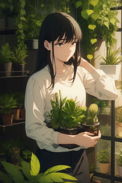 Guy, black hair, smiling, cactus and succulents. Watering plants.
