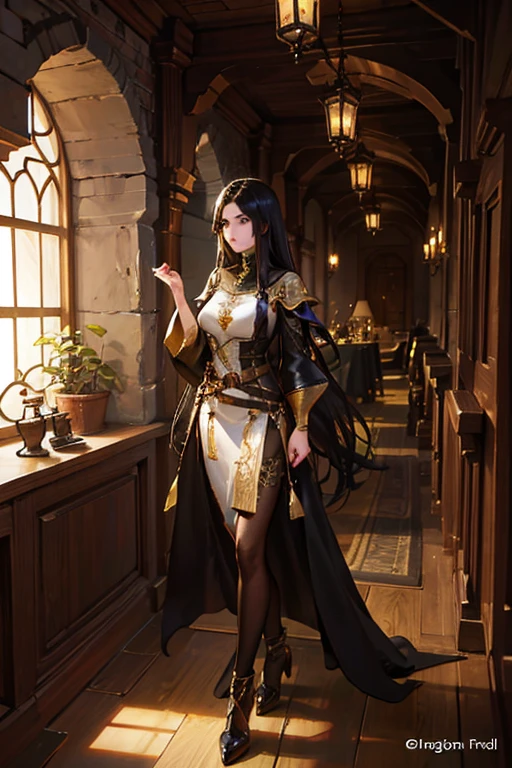 Human fantasy thief, medieval fantasy setting, human, 25 years old, long black hair, Arab features. fantasy arabic clothes inside a dungeon