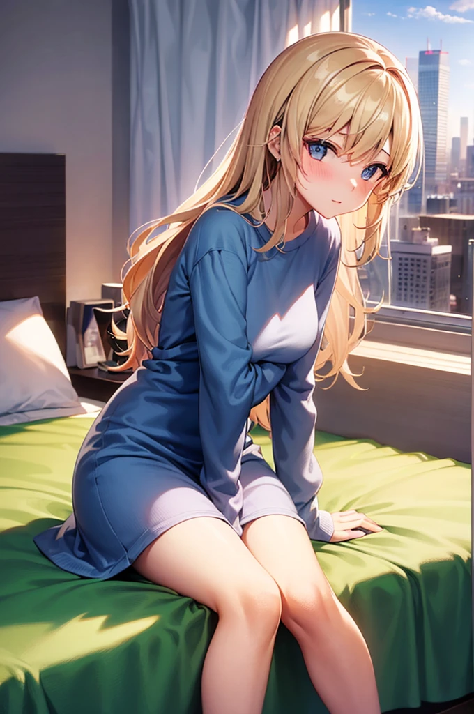 a hot 18 year old girl sitting in bed with her sexy clothes there an window behind the bed the view of the city