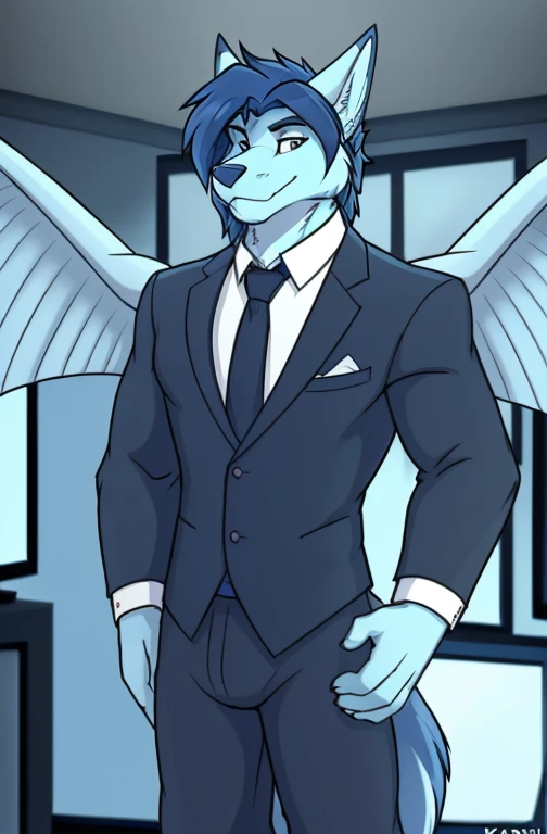 , (((ace, kamex, with wings and dark blue hair with blue eyes and light blue fur wearing a black tie and formal outfit inside the weather station room broadcasting today's weather like a meteorologist with the screen in the background and cameras ))) , big chest wearing clothing , day, , sensual, detailed, uploaded to e621, beautiful and detailed portrait of an anthropomorphic , (((male))) uploaded to e621, zaush, foxovh, movie lighting, thicc, alone, movie cover, 