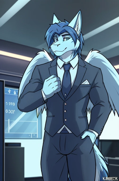 , (((ace, kamex, with wings and dark blue hair with blue eyes and light blue fur wearing a black tie and formal outfit inside the weather station room broadcasting today's weather like a meteorologist with the screen in the background and cameras ))) , big chest wearing clothing , day, , sensual, detailed, uploaded to e621, beautiful and detailed portrait of an anthropomorphic , (((male))) uploaded to e621, zaush, foxovh, movie lighting, thicc, alone, movie cover, 